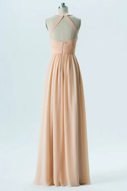 Sleek Blush Wide Strap Sweetheart Cross Ruched Chiffon A Line Long Bridesmaid Dress AB016