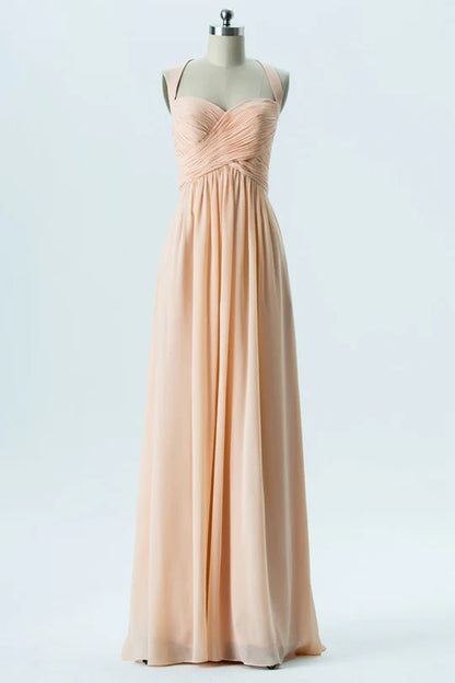 Sleek Blush Wide Strap Sweetheart Cross Ruched Chiffon A Line Long Bridesmaid Dress AB016