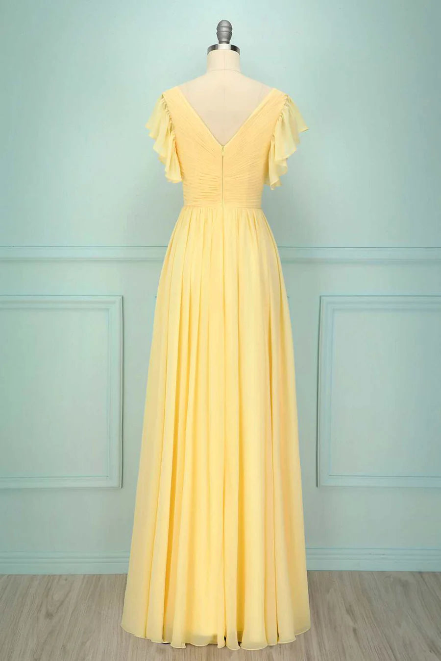 Soft Butter Pale Yellow Short Sleeve Deep V Cross Ruched Chiffon A Line Long Bridesmaid Dress AB017