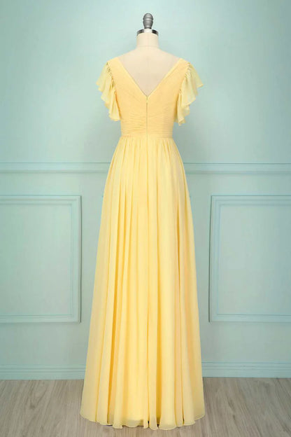 Soft Butter Pale Yellow Short Sleeve Deep V Cross Ruched Chiffon A Line Long Bridesmaid Dress AB017