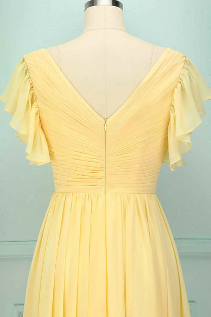 Soft Butter Pale Yellow Short Sleeve Deep V Cross Ruched Chiffon A Line Long Bridesmaid Dress AB017
