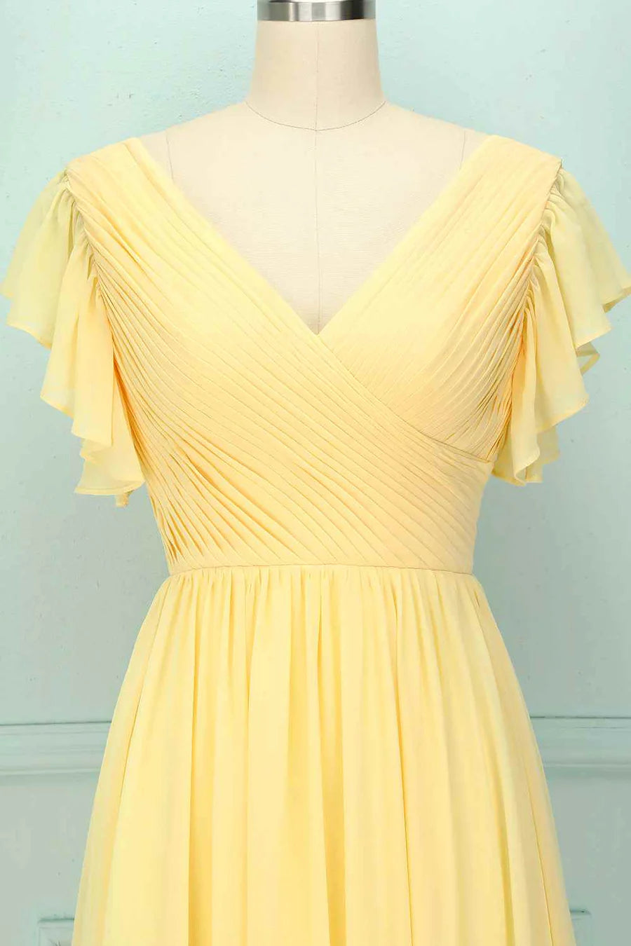 Soft Butter Pale Yellow Short Sleeve Deep V Cross Ruched Chiffon A Line Long Bridesmaid Dress AB017
