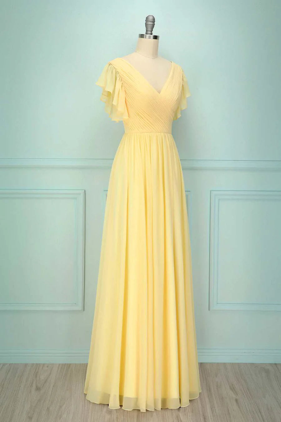 Soft Butter Pale Yellow Short Sleeve Deep V Cross Ruched Chiffon A Line Long Bridesmaid Dress AB017