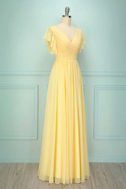 Soft Butter Pale Yellow Short Sleeve Deep V Cross Ruched Chiffon A Line Long Bridesmaid Dress AB017