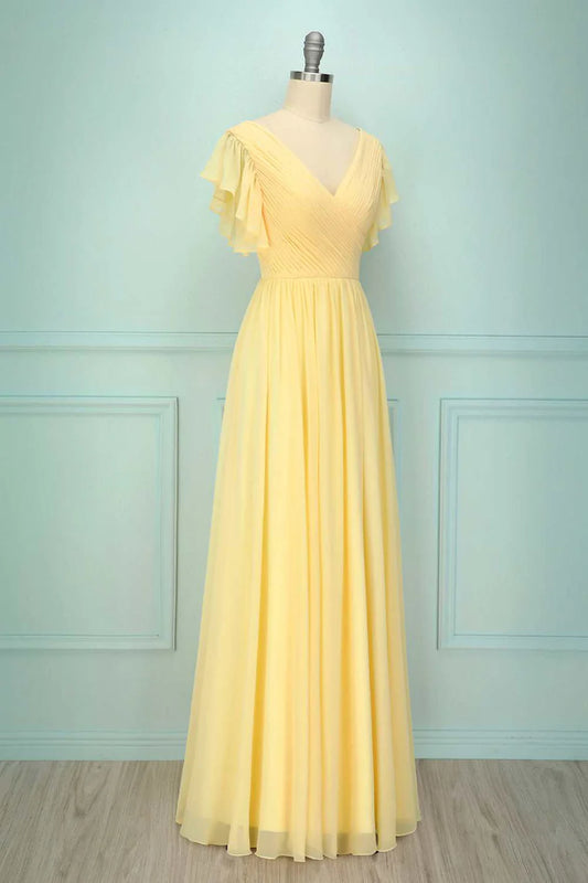 Soft Butter Pale Yellow Short Sleeve Deep V Cross Ruched Chiffon A Line Long Bridesmaid Dress AB017