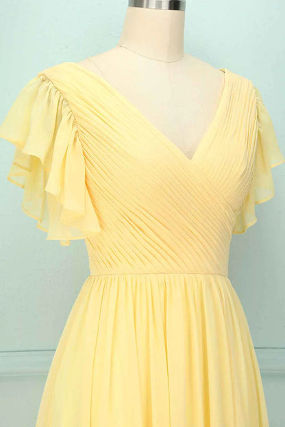 Soft Butter Pale Yellow Short Sleeve Deep V Cross Ruched Chiffon A Line Long Bridesmaid Dress AB017