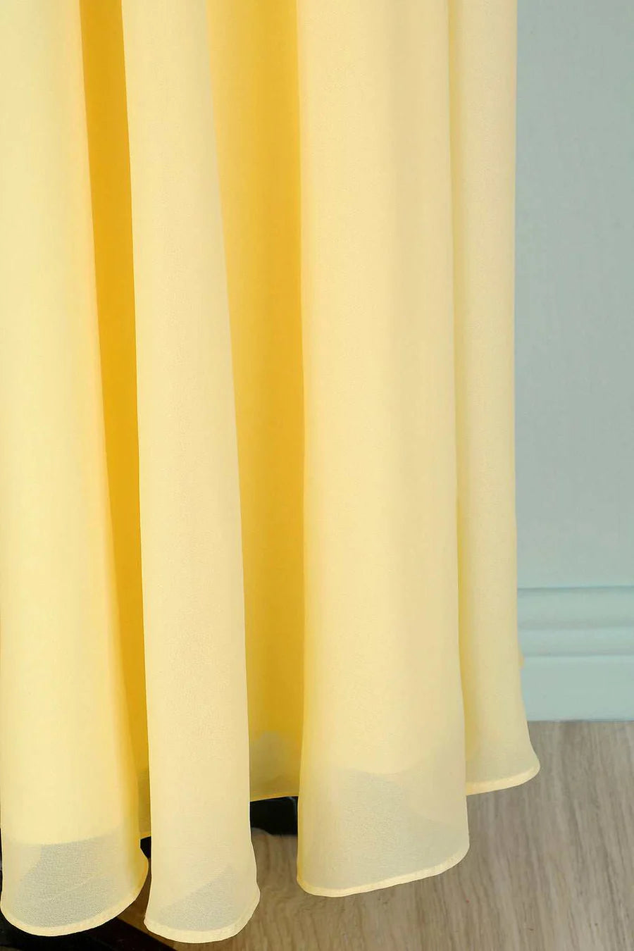 Soft Butter Pale Yellow Short Sleeve Deep V Cross Ruched Chiffon A Line Long Bridesmaid Dress AB017