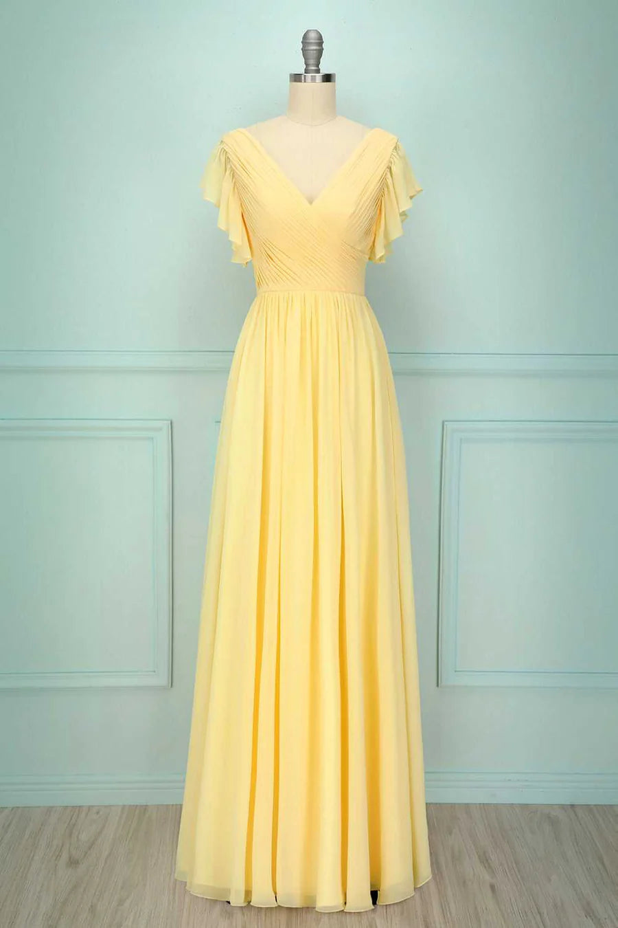 Soft Butter Pale Yellow Short Sleeve Deep V Cross Ruched Chiffon A Line Long Bridesmaid Dress AB017