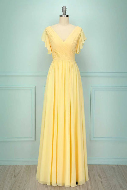 Soft Butter Pale Yellow Short Sleeve Deep V Cross Ruched Chiffon A Line Long Bridesmaid Dress AB017