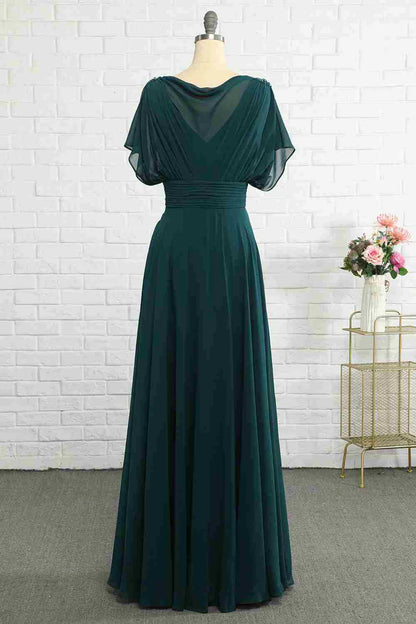 Rich Emerald Green Draped Cowl Neck Short Sleeve Ruched Wide Waistband Chiffon A Line Long Bridesmaid Dress AB018