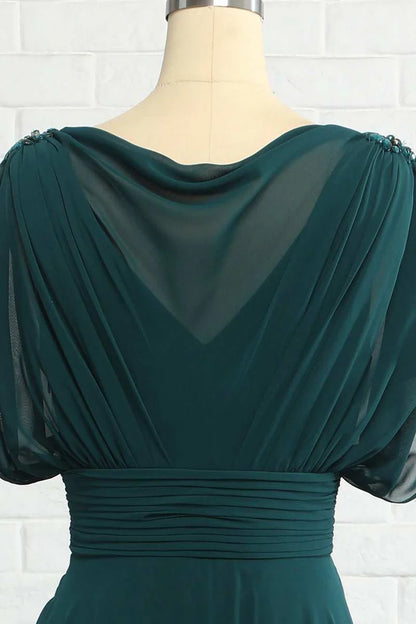 Rich Emerald Green Draped Cowl Neck Short Sleeve Ruched Wide Waistband Chiffon A Line Long Bridesmaid Dress AB018