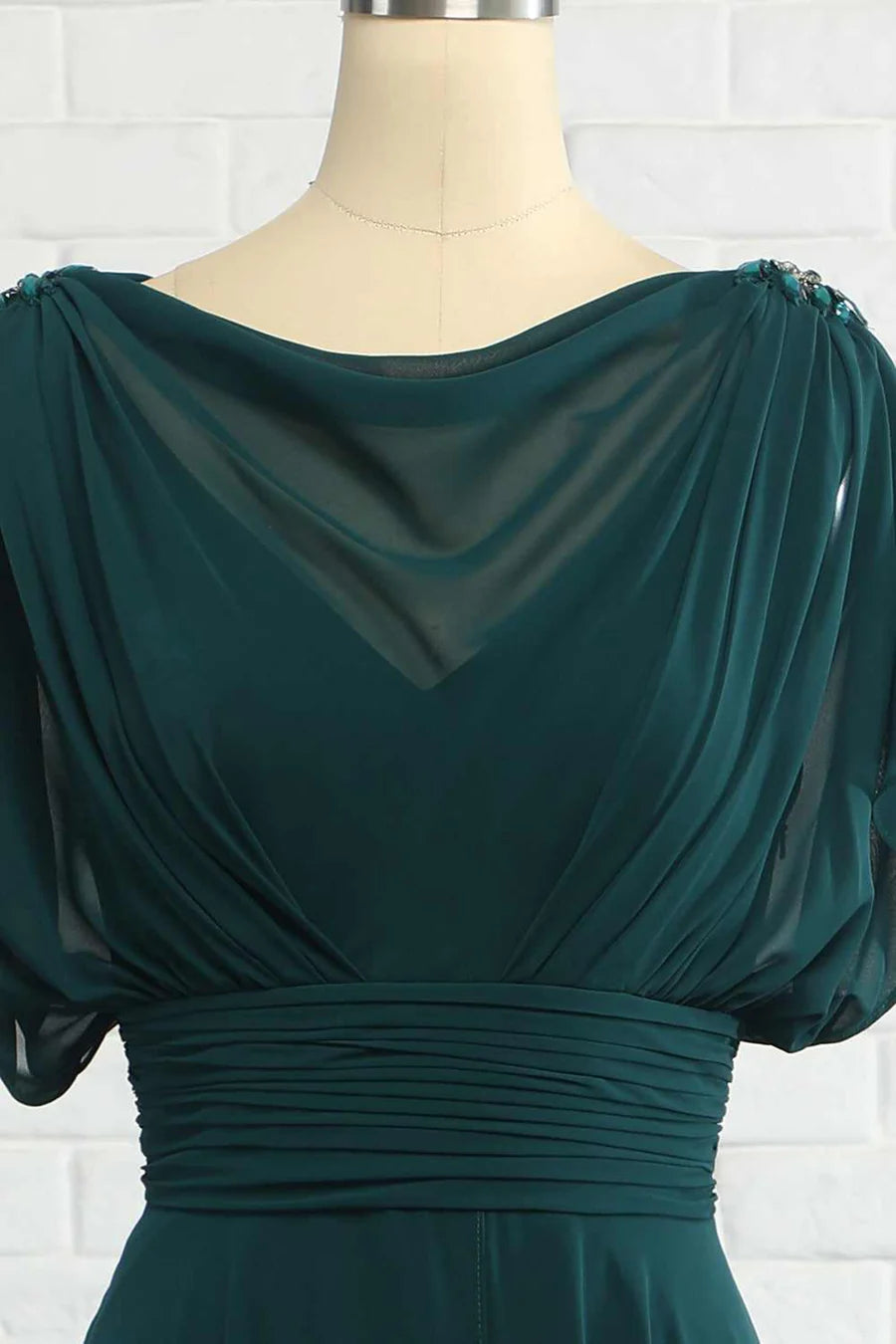 Rich Emerald Green Draped Cowl Neck Short Sleeve Ruched Wide Waistband Chiffon A Line Long Bridesmaid Dress AB018