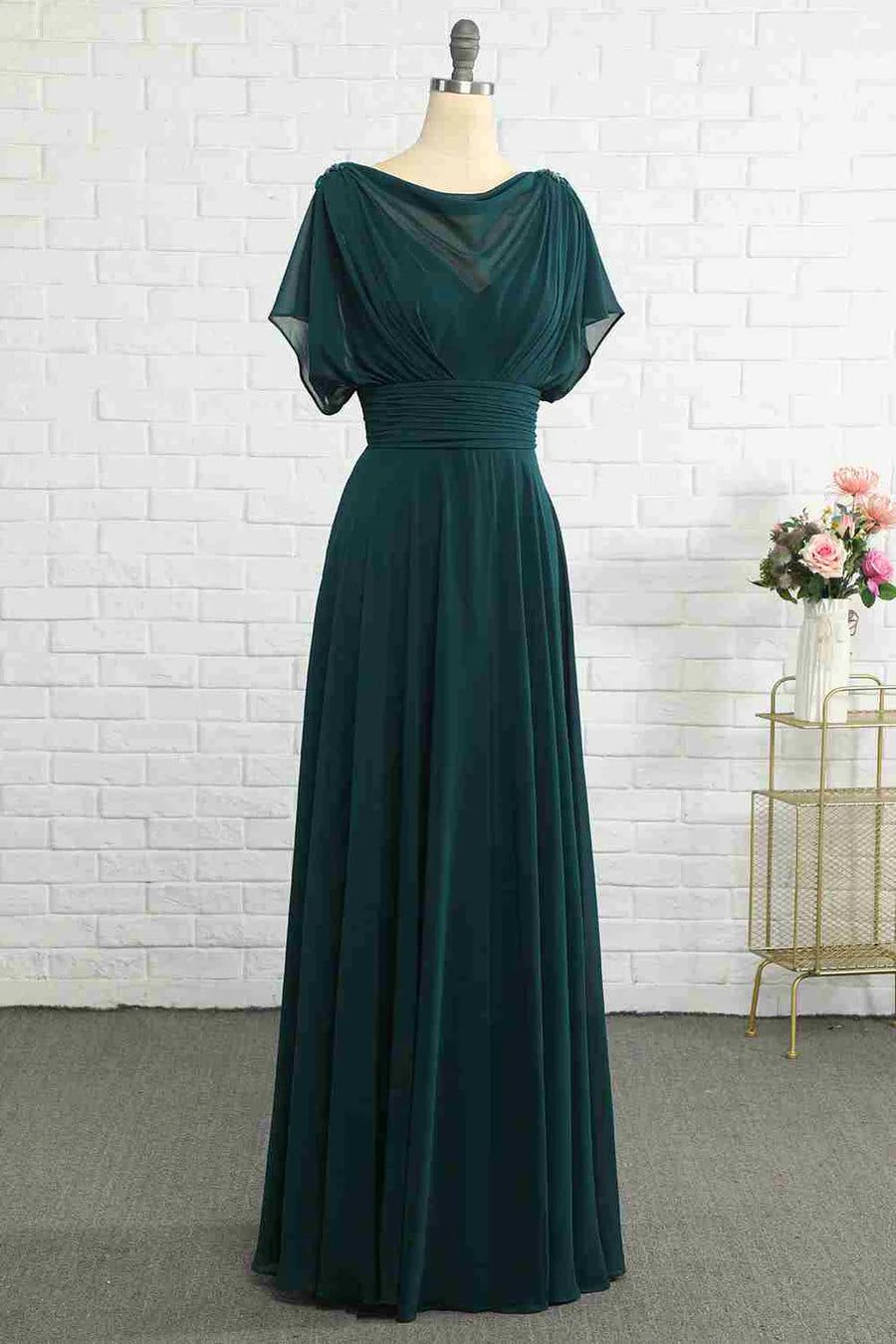 Rich Emerald Green Draped Cowl Neck Short Sleeve Ruched Wide Waistband Chiffon A Line Long Bridesmaid Dress AB018