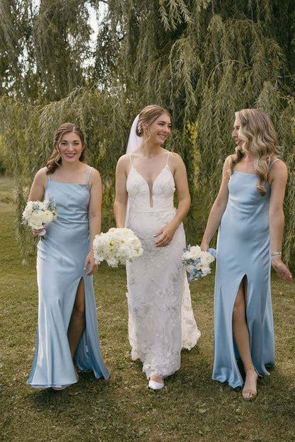 Delicate Sky Light Blue Spaghetti Strap Back Big Bow Satin Mermaid Long Bridesmaid Dress AB019