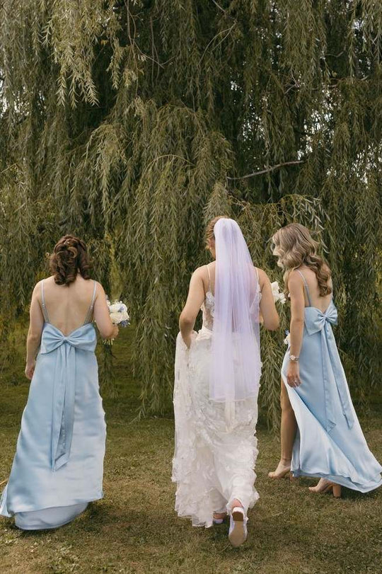 Delicate Sky Light Blue Spaghetti Strap Back Big Bow Satin Mermaid Long Bridesmaid Dress AB019