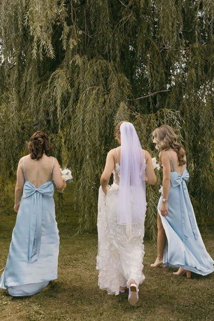 Delicate Sky Light Blue Spaghetti Strap Back Big Bow Satin Mermaid Long Bridesmaid Dress AB019