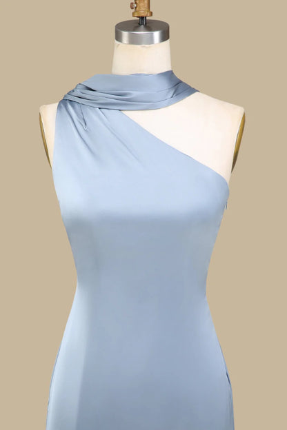 Elegant Dusty Blue One Shoulder Satin Mermaid Long Bridesmaid Dress With Floating Shoulder Sash AB013