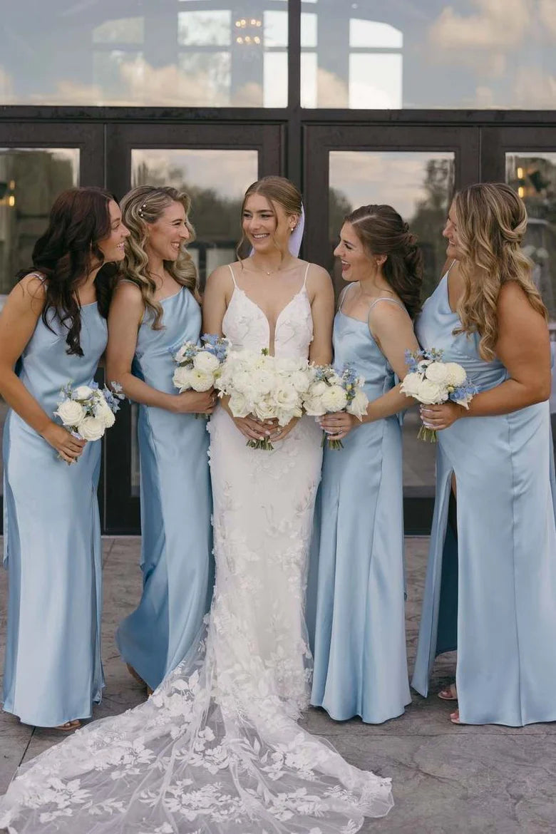 Delicate Sky Light Blue Spaghetti Strap Back Big Bow Satin Mermaid Long Bridesmaid Dress AB019