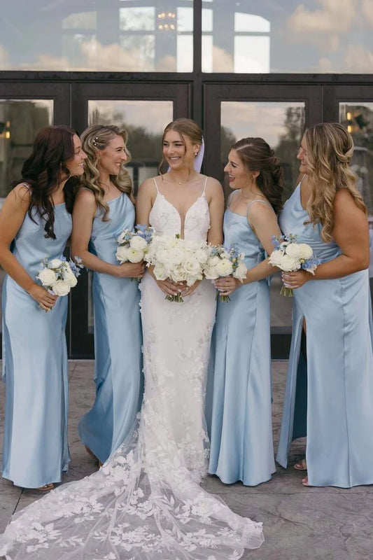 Delicate Sky Light Blue Spaghetti Strap Back Big Bow Satin Mermaid Long Bridesmaid Dress AB019