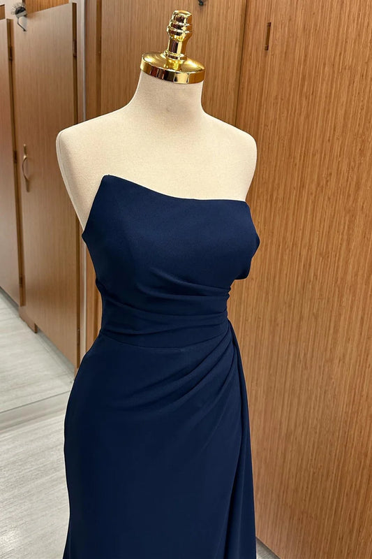 Rich Navy Strapless Twist Ruched Long Mermaid Bridesmaid Dress High Side Slit Sweep Train AB021