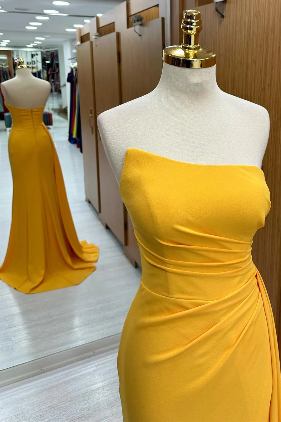 Rich Navy Strapless Twist Ruched Long Mermaid Bridesmaid Dress High Side Slit Sweep Train AB021