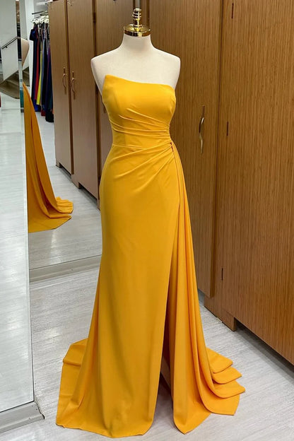 Rich Navy Strapless Twist Ruched Long Mermaid Bridesmaid Dress High Side Slit Sweep Train AB021