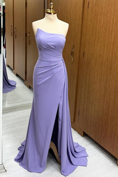 Rich Navy Strapless Twist Ruched Long Mermaid Bridesmaid Dress High Side Slit Sweep Train AB021