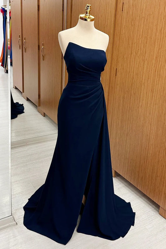 Rich Navy Strapless Twist Ruched Long Mermaid Bridesmaid Dress High Side Slit Sweep Train AB021