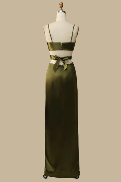 Rich Olive Deep V Cutout Waist Spaghetti Strap Satin Long Mermaid Bridesmaid Dress High Side AB022