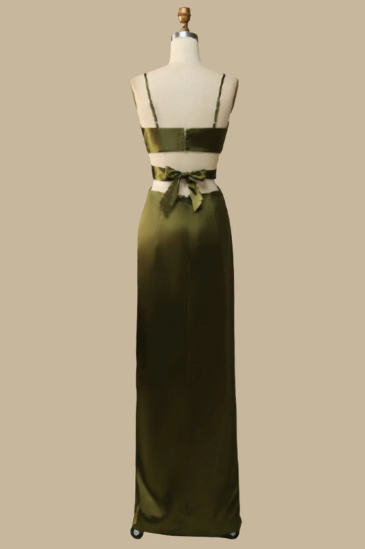 Rich Olive Deep V Cutout Waist Spaghetti Strap Satin Long Mermaid Bridesmaid Dress High Side AB022