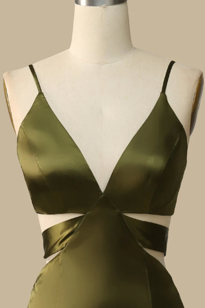 Rich Olive Deep V Cutout Waist Spaghetti Strap Satin Long Mermaid Bridesmaid Dress High Side AB022