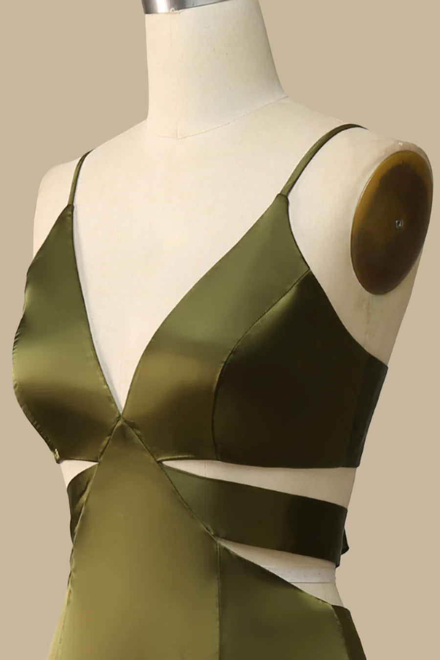 Rich Olive Deep V Cutout Waist Spaghetti Strap Satin Long Mermaid Bridesmaid Dress High Side AB022
