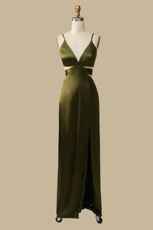 Rich Olive Deep V Cutout Waist Spaghetti Strap Satin Long Mermaid Bridesmaid Dress High Side AB022