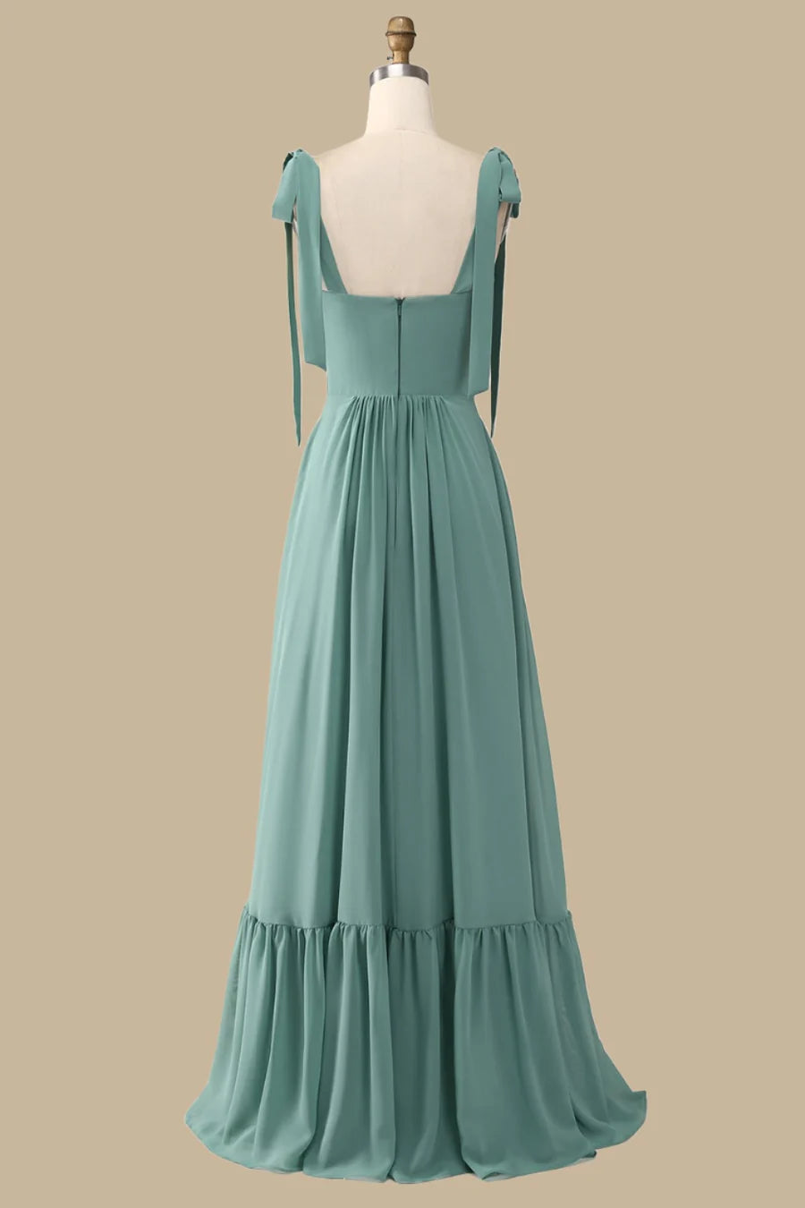 Romantic Sage Square Wide Tie Straps A Line Long Ruffle Hem Bridesmaid Dress AB023
