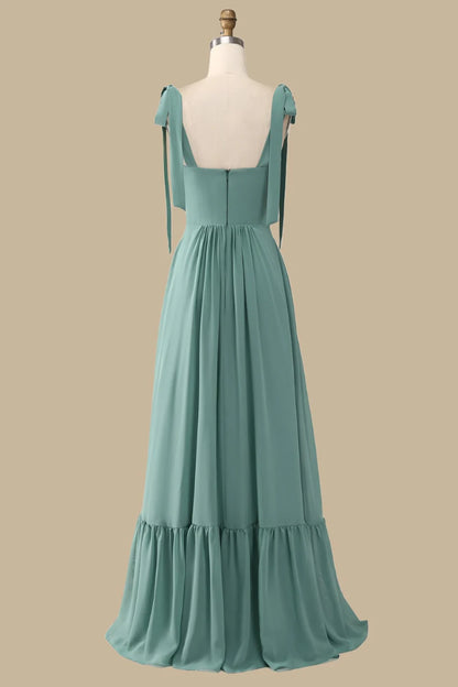 Romantic Sage Square Wide Tie Straps A Line Long Ruffle Hem Bridesmaid Dress AB023