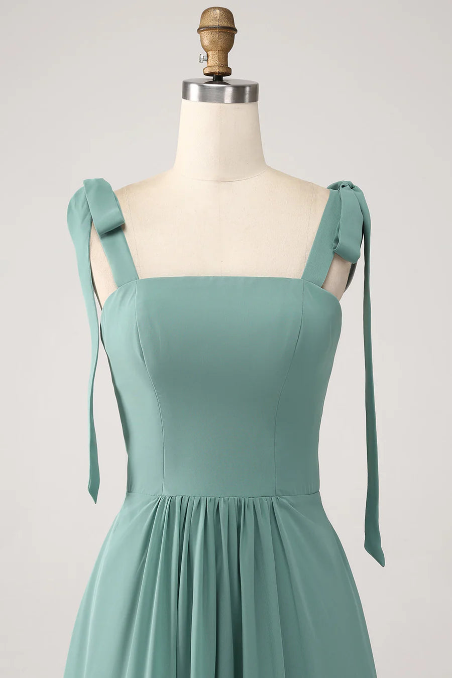 Romantic Sage Square Wide Tie Straps A Line Long Ruffle Hem Bridesmaid Dress AB023