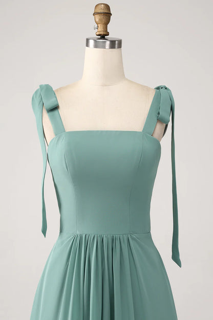 Romantic Sage Square Wide Tie Straps A Line Long Ruffle Hem Bridesmaid Dress AB023