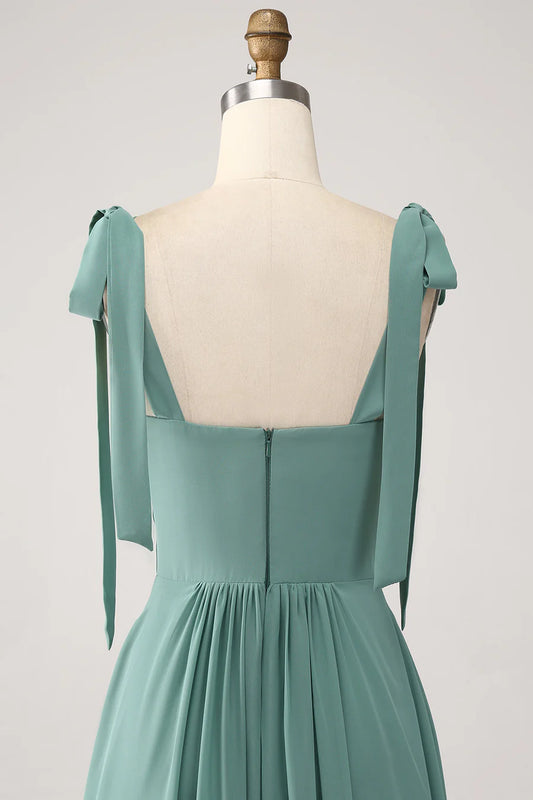 Romantic Sage Square Wide Tie Straps A Line Long Ruffle Hem Bridesmaid Dress AB023