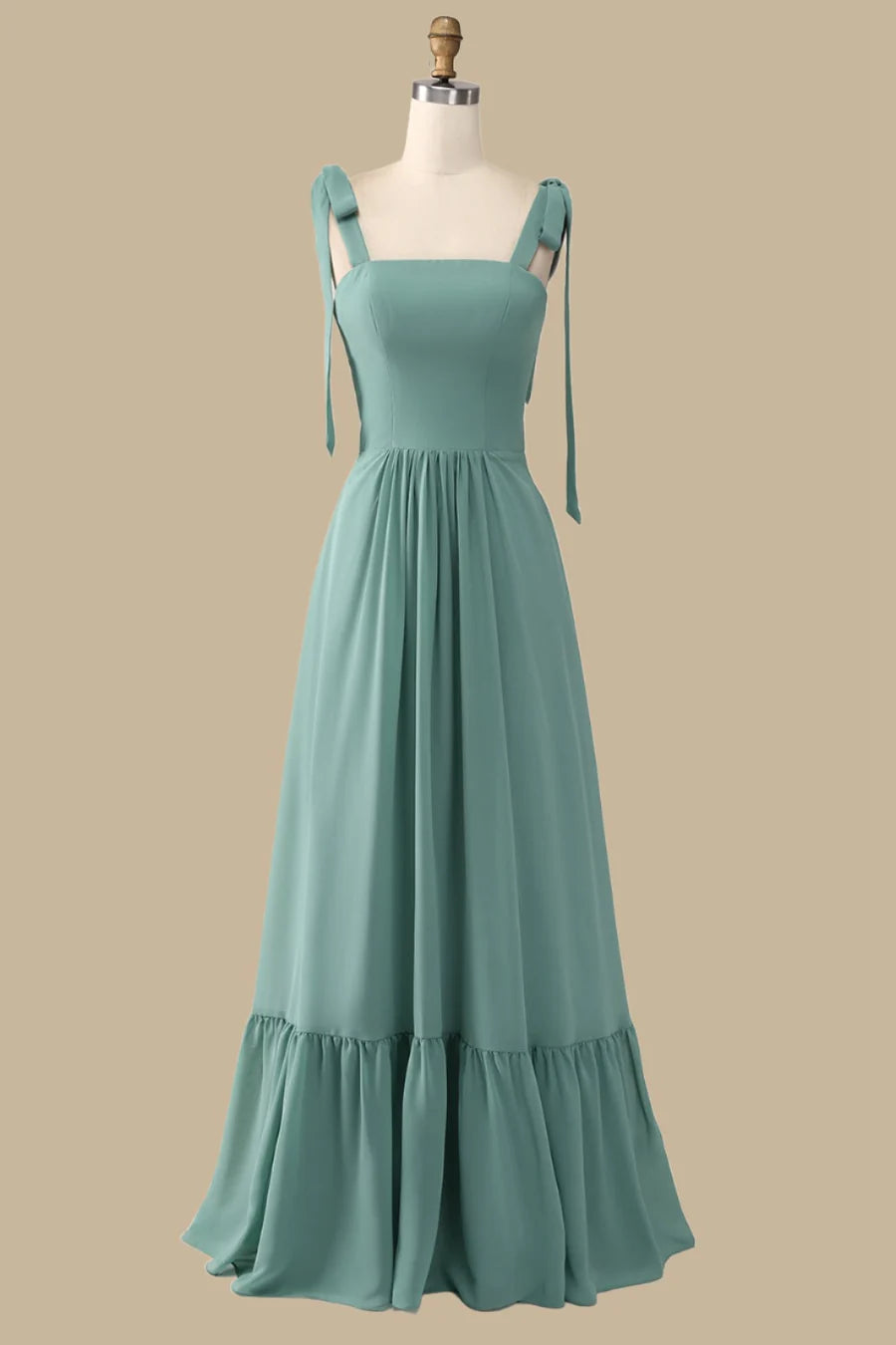 Romantic Sage Square Wide Tie Straps A Line Long Ruffle Hem Bridesmaid Dress AB023