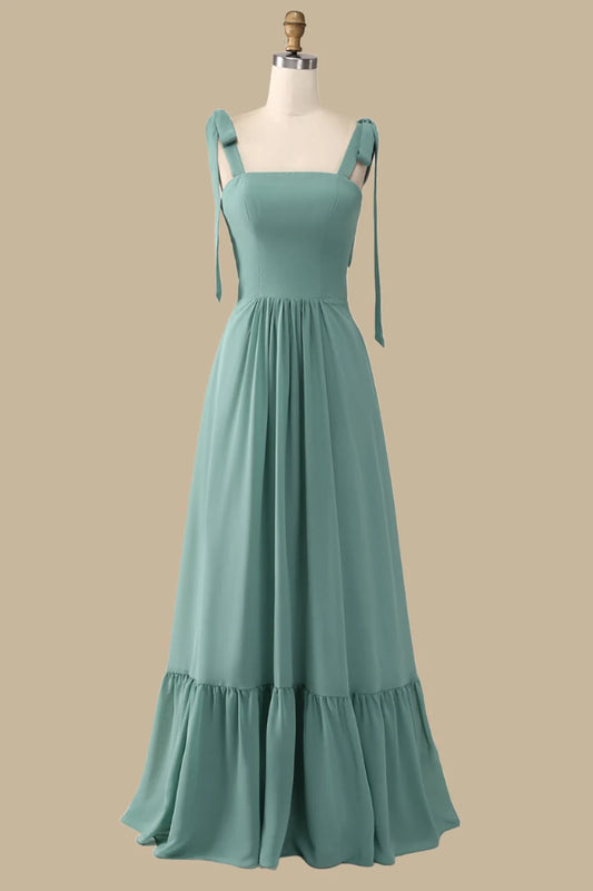 Romantic Sage Square Wide Tie Straps A Line Long Ruffle Hem Bridesmaid Dress AB023