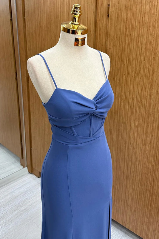 Sleek Navy Blue Spaghetti Straps Sweetheart Front Twist Mermaid Long Bridesmaid Dress High Slit AB024