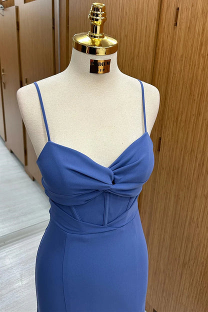 Sleek Navy Blue Spaghetti Straps Sweetheart Front Twist Mermaid Long Bridesmaid Dress High Slit AB024