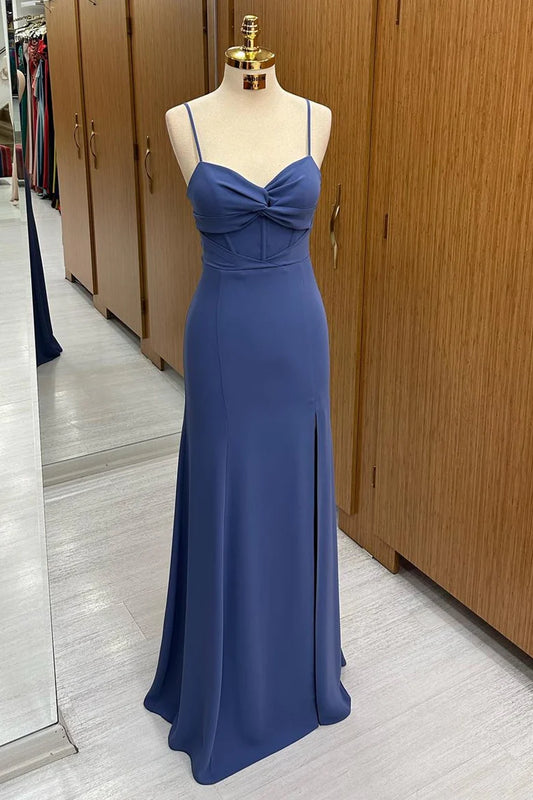 Sleek Navy Blue Spaghetti Straps Sweetheart Front Twist Mermaid Long Bridesmaid Dress High Slit AB024