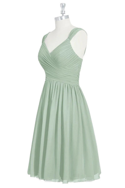 Elegant Sage Wide Ruched Strap V-Neck Cross Pleated Short A Line Chiffon Short Bridesmaid Dress AB025
