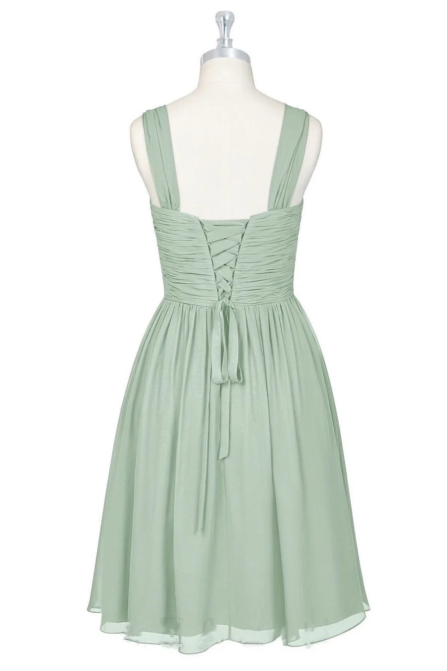 Elegant Sage Wide Ruched Strap V-Neck Cross Pleated Short A Line Chiffon Short Bridesmaid Dress AB025