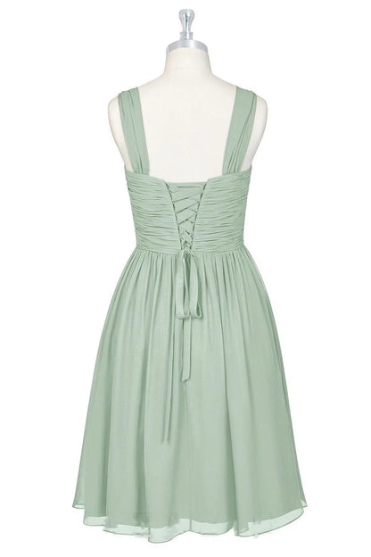 Elegant Sage Wide Ruched Strap V-Neck Cross Pleated Short A Line Chiffon Short Bridesmaid Dress AB025