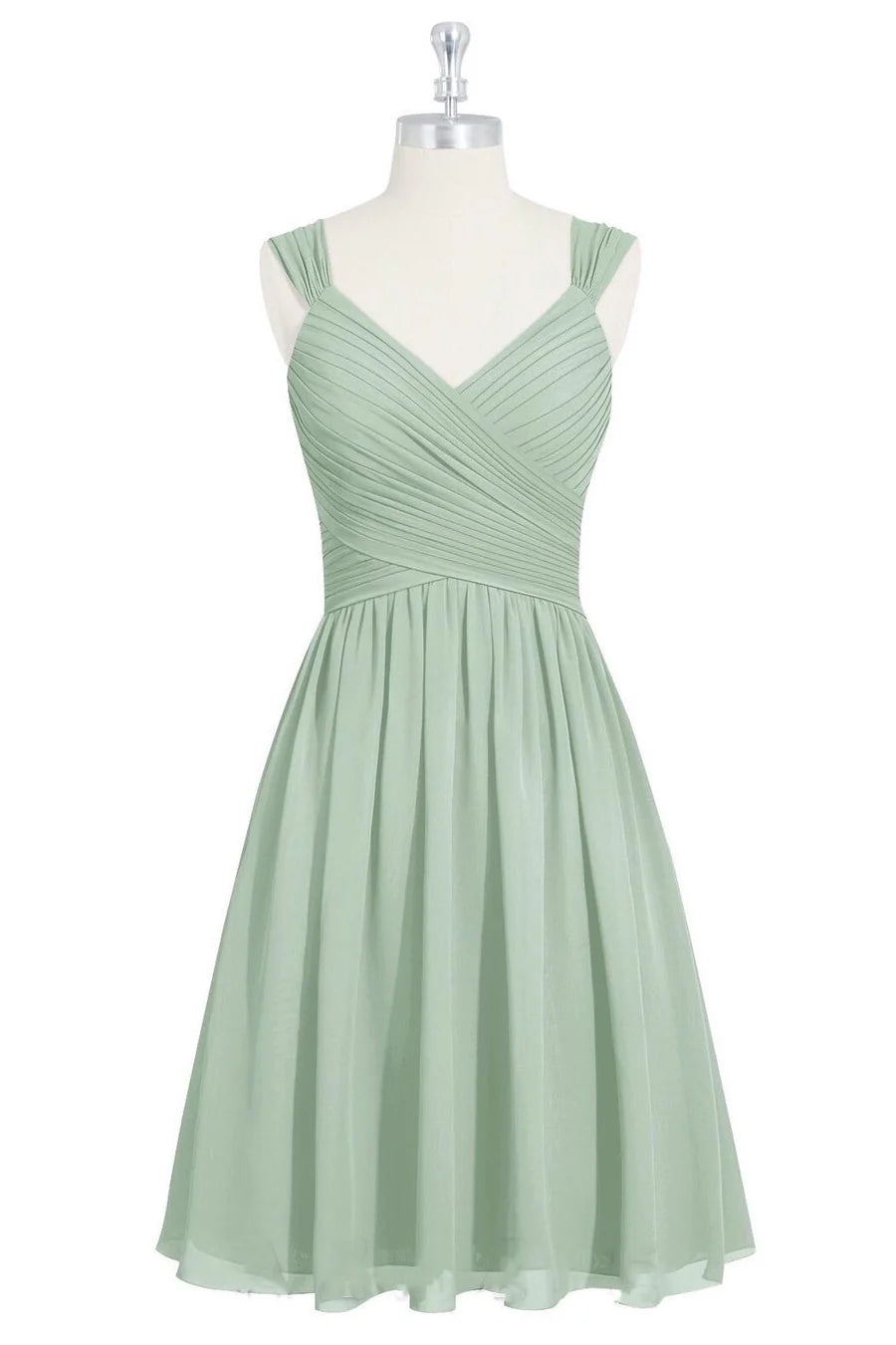 Elegant Sage Wide Ruched Strap V-Neck Cross Pleated Short A Line Chiffon Short Bridesmaid Dress AB025