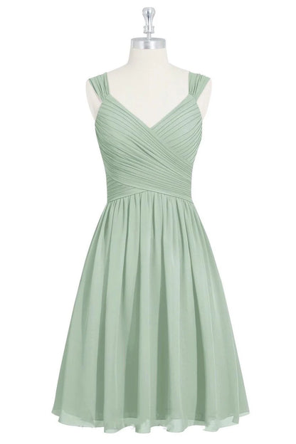 Elegant Sage Wide Ruched Strap V-Neck Cross Pleated Short A Line Chiffon Short Bridesmaid Dress AB025