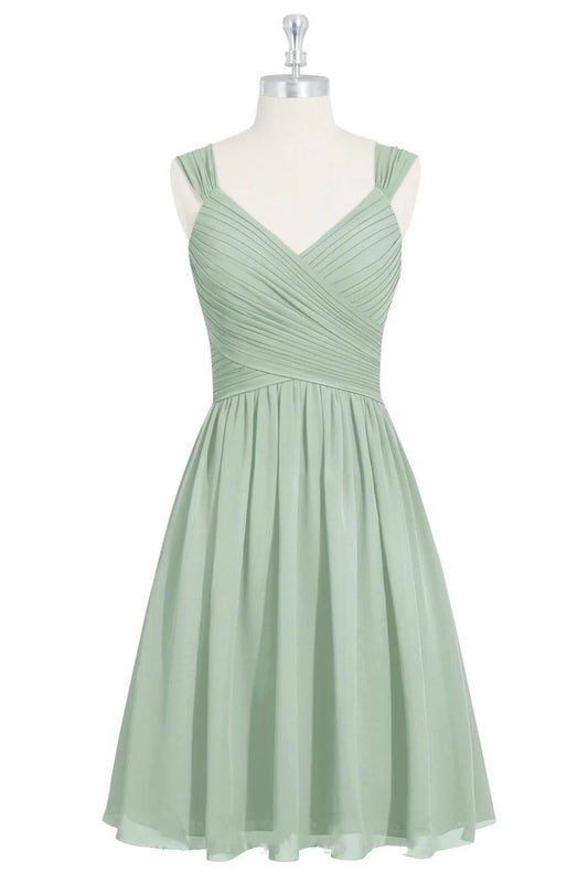 Elegant Sage Wide Ruched Strap V-Neck Cross Pleated Short A Line Chiffon Short Bridesmaid Dress AB025