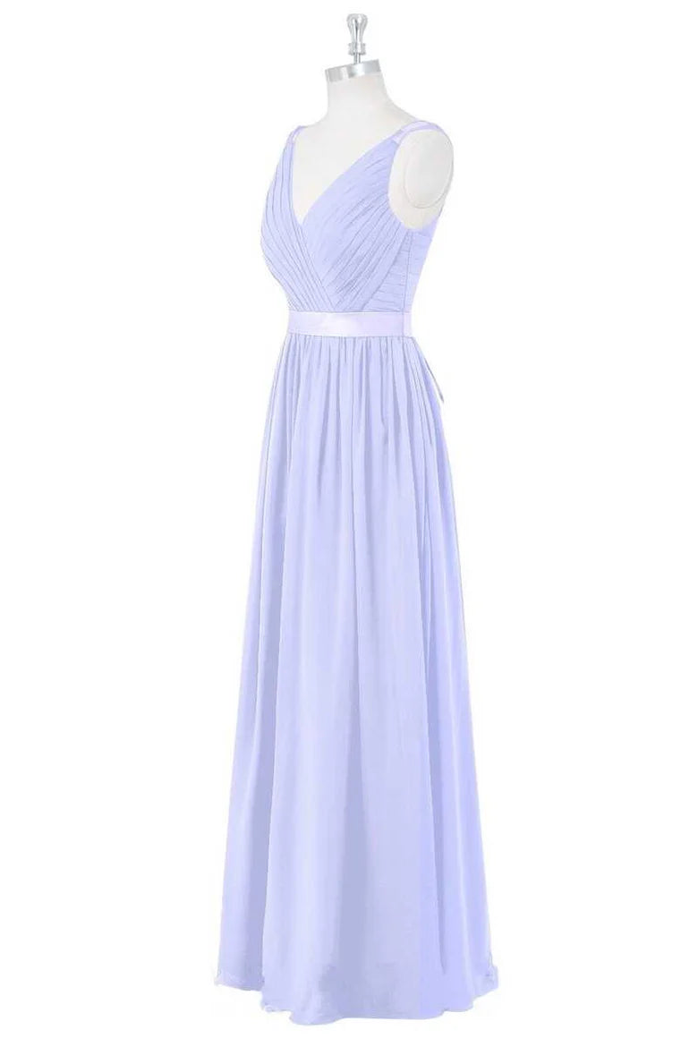 Delicate Lavender Ruched Strap Deep V Cross Pleated A Line Long Chiffon Bridesmaid Dress AB026